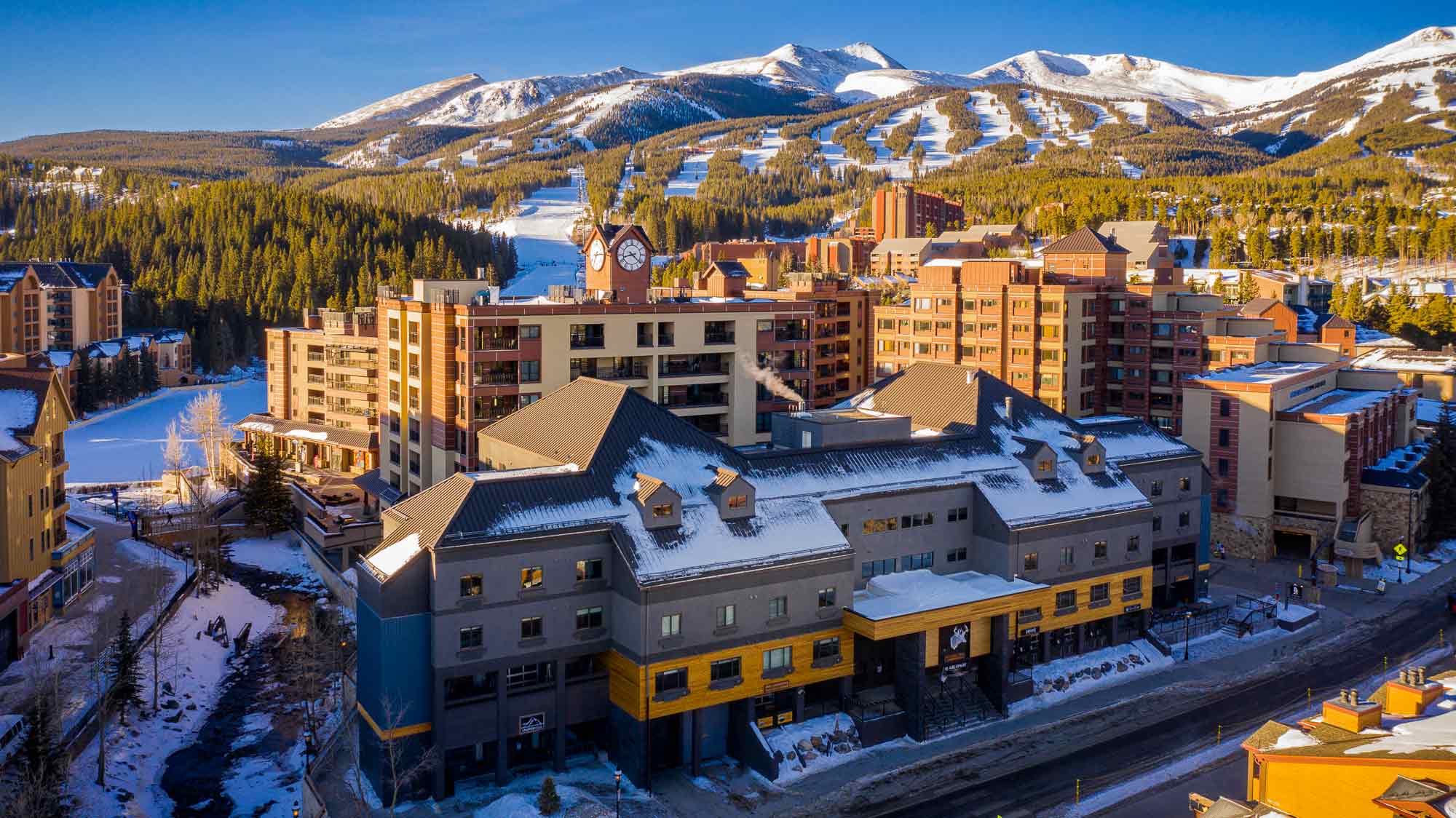 Gravity Haus Breck winter aerial with Breck ski slopes