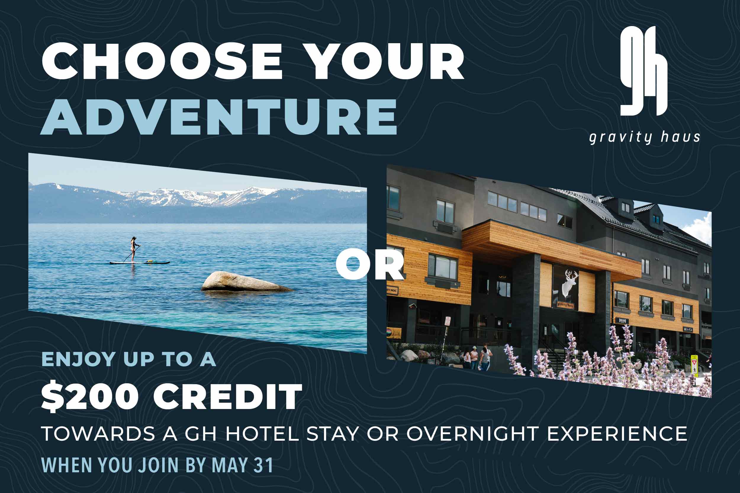 Enjoy up to a $200 credit toward a gravity haus hotel stay or overnight experience.