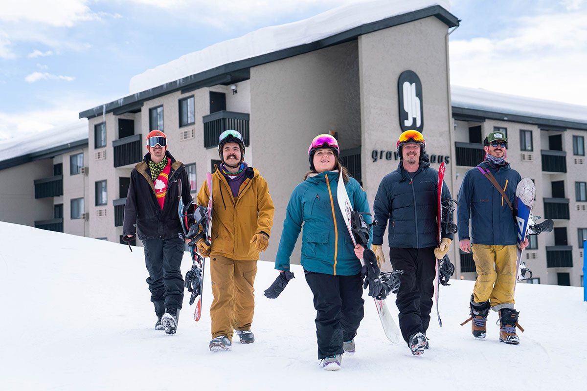 Allie Hughes with her crew geared up for snowboarding outside Gravity Haus Steamboat.