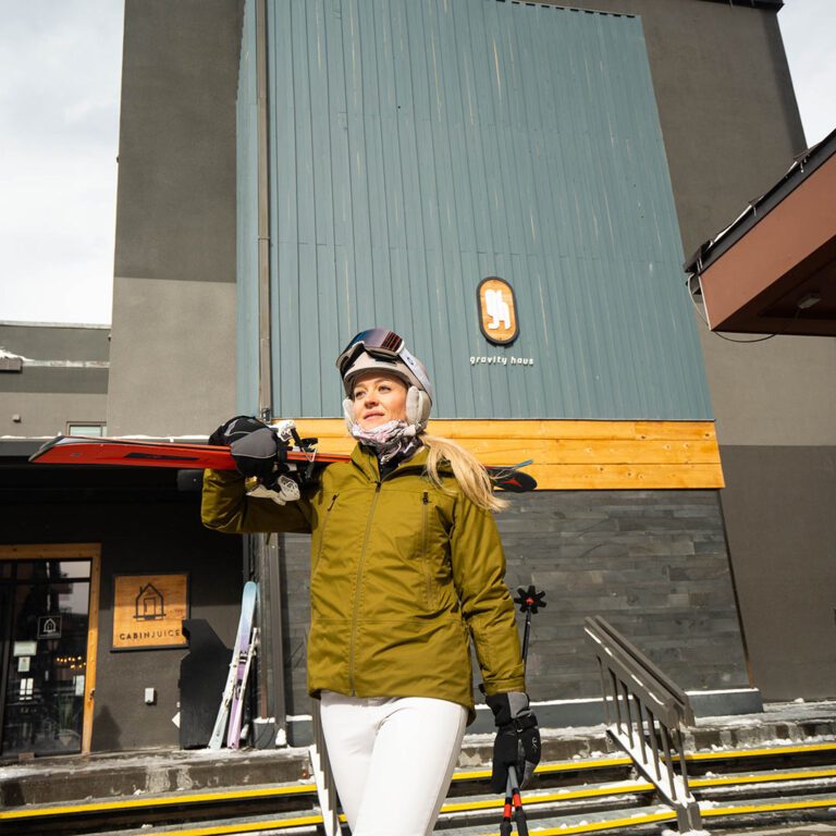 Rachel Carpenter geared up for skiing outside Gravity Haus Breckenridge.