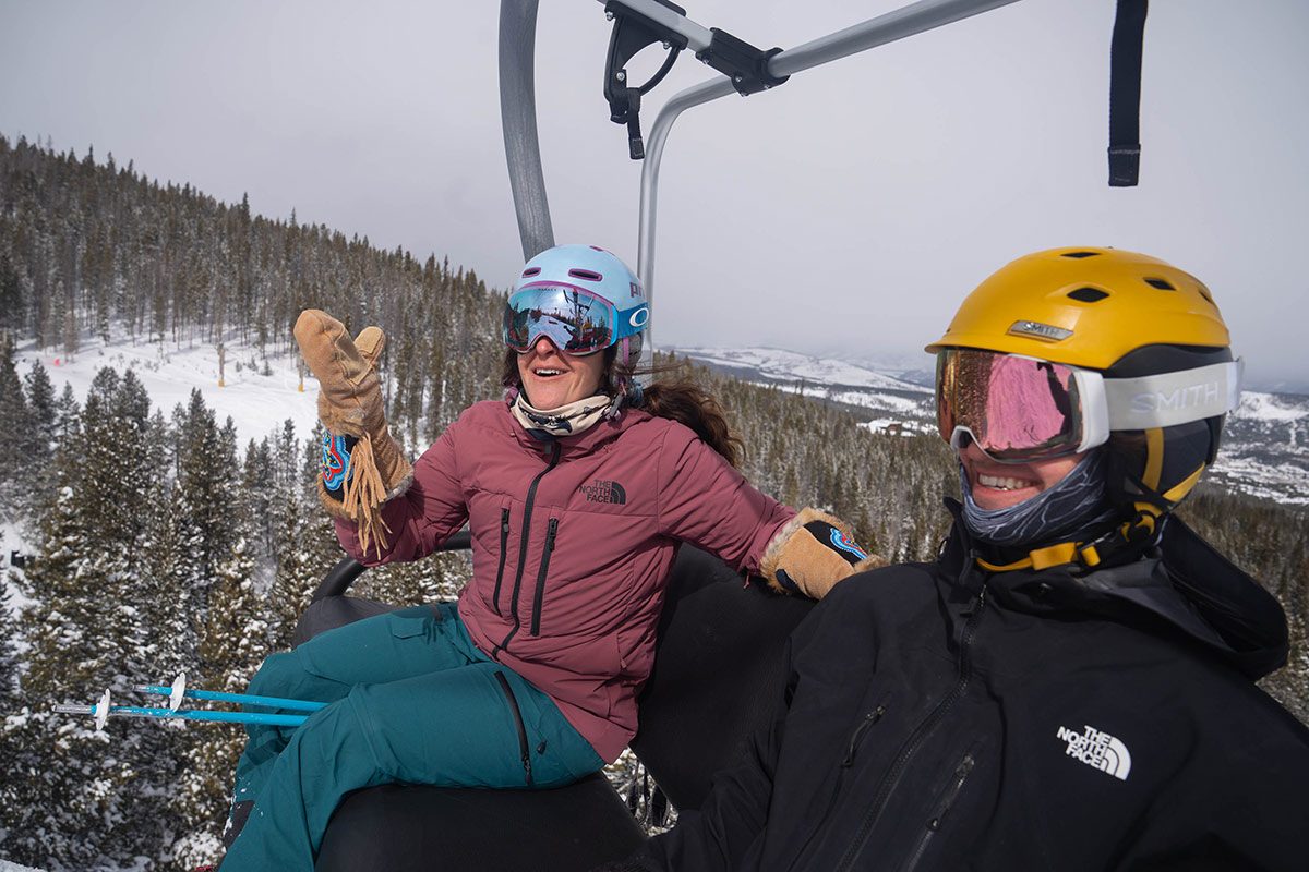 Andrea Rosenthal laughs with a friend on the chair lift at Breckenridge ski resort.