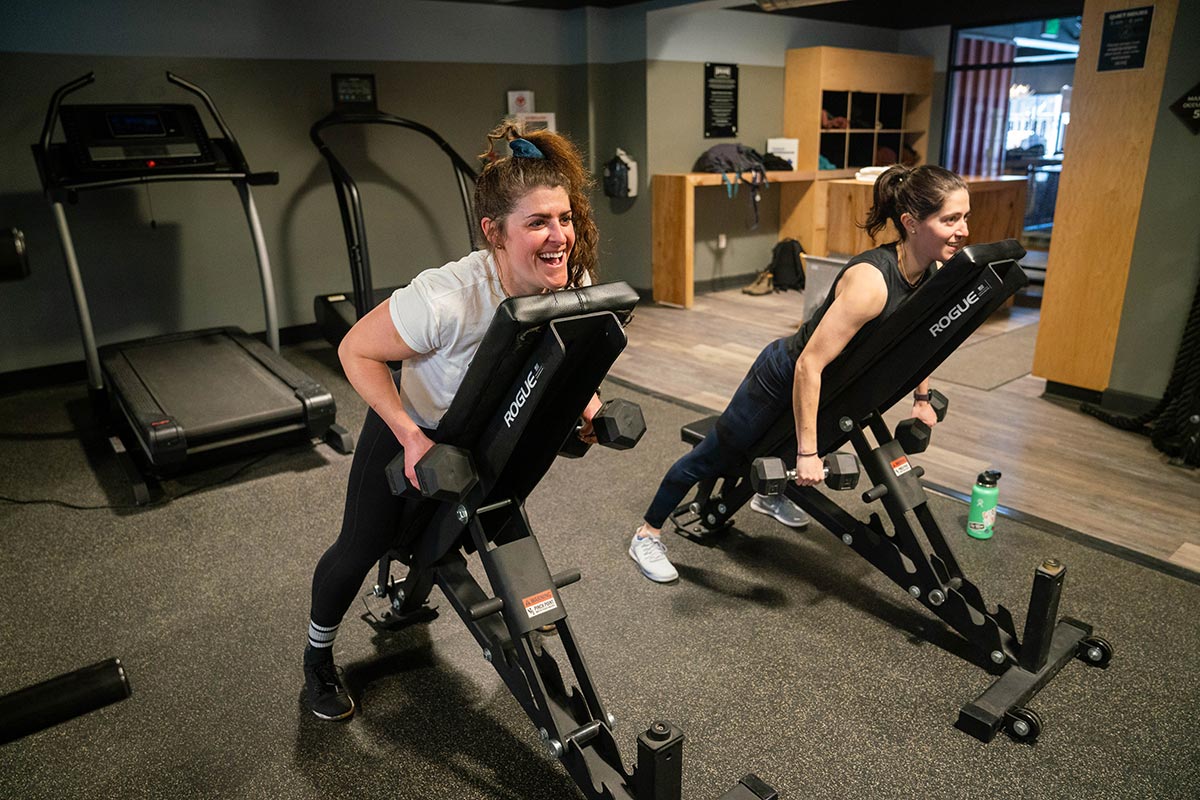 Andrea Rosenthal works out with a friend at Dryland Breck.