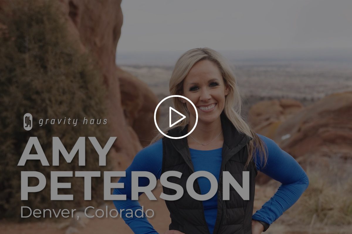 Amy Peterson at Red Rocks with Gravity Haus logo and video title overlay