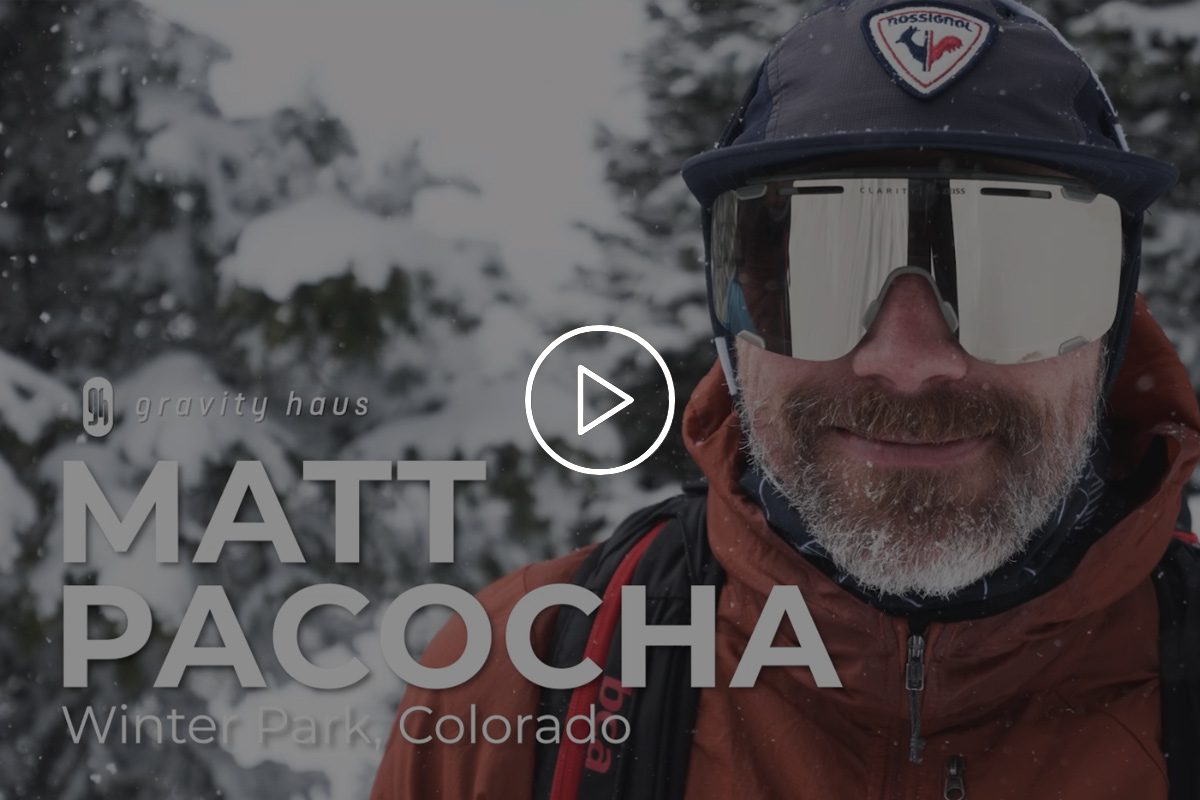 Matt Pacocha on a snowy day with Gravity Haus logo and video title overlay