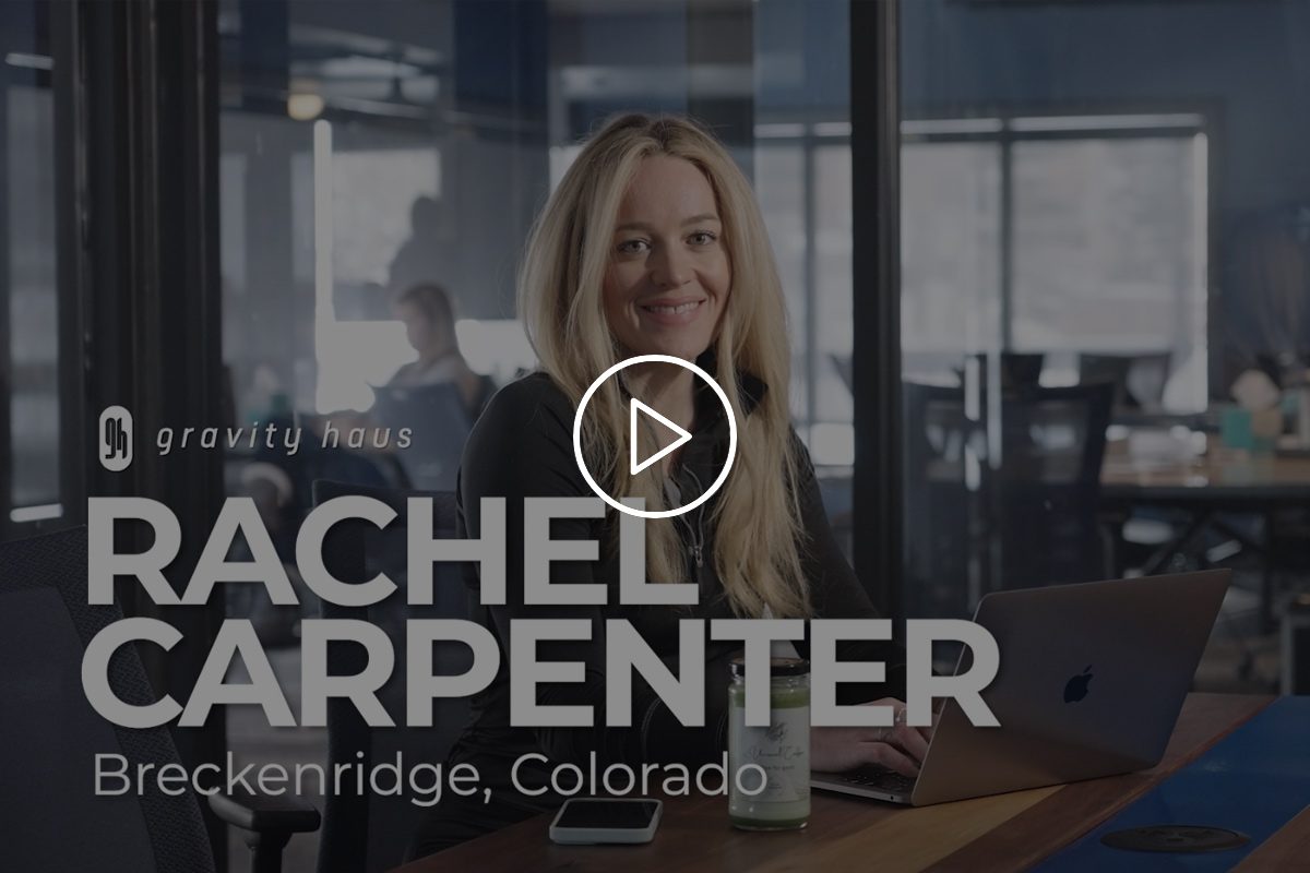 Rachel Carpenter working at Unravel Coffee Breckenridge with Gravity Haus logo and video title overlay