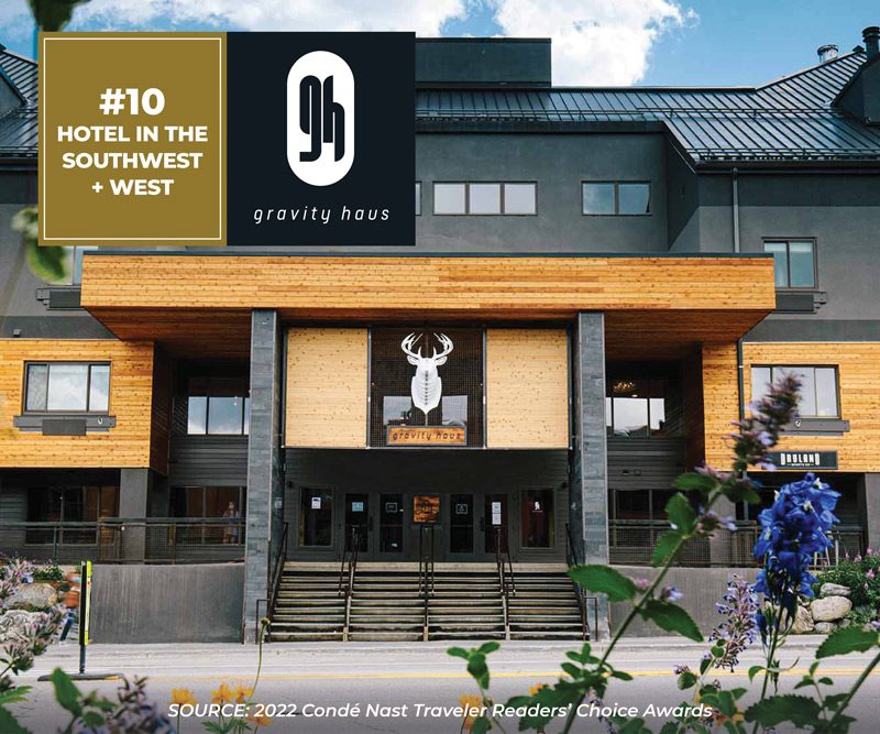 Gravity Haus Breckenridge summer exterior with Conde Nast Readers Choice #10 Hotel in the West & Southwest badge