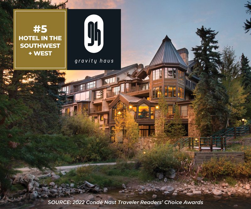 Gravity Haus Vail summer exterior with Conde Nast Readers Choice #5 Hotel in the West & Southwest badge